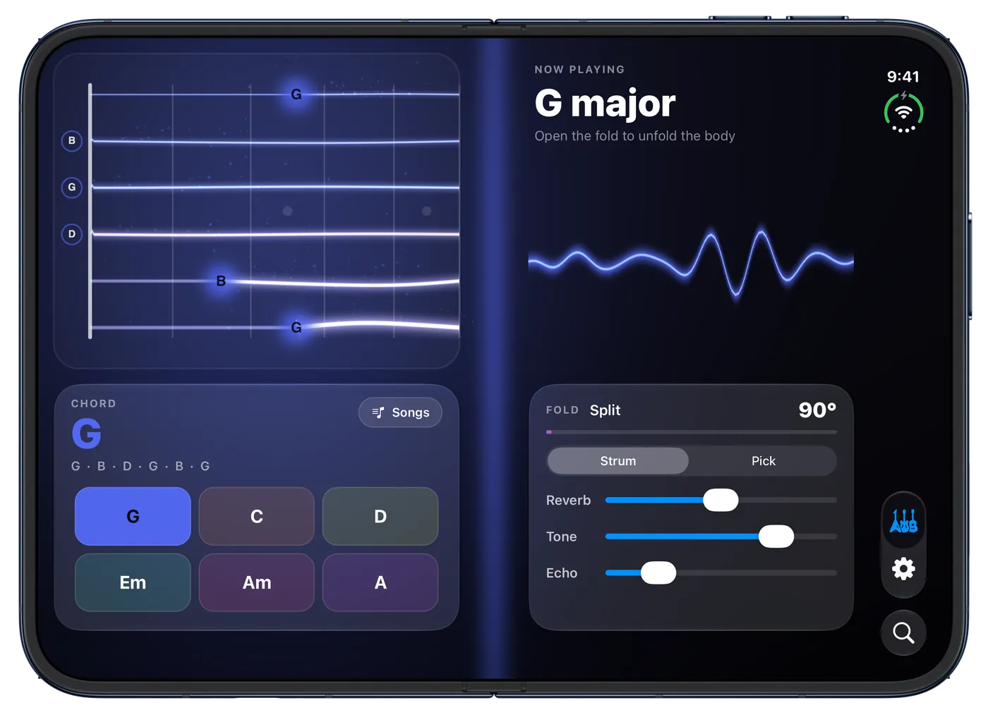 Guitar Pocketbook on iPhone Duo, slightly folded: the fretboard and G major chord on one screen, the sound and controls on the other