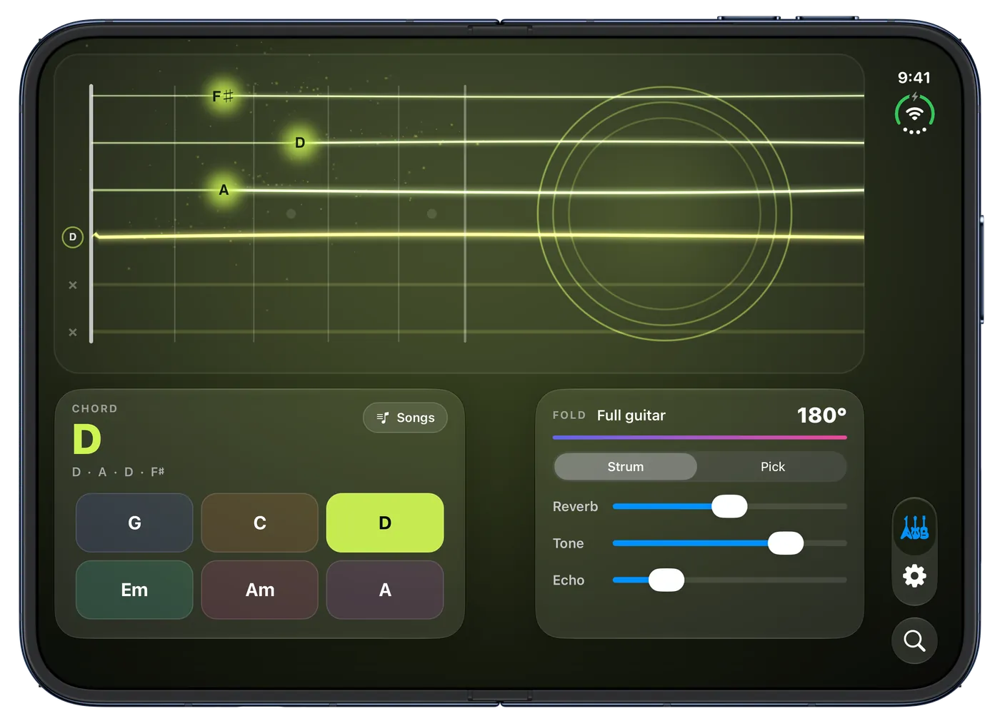 iPhone Duo opened flat: the full guitar body with its sound hole spans both screens