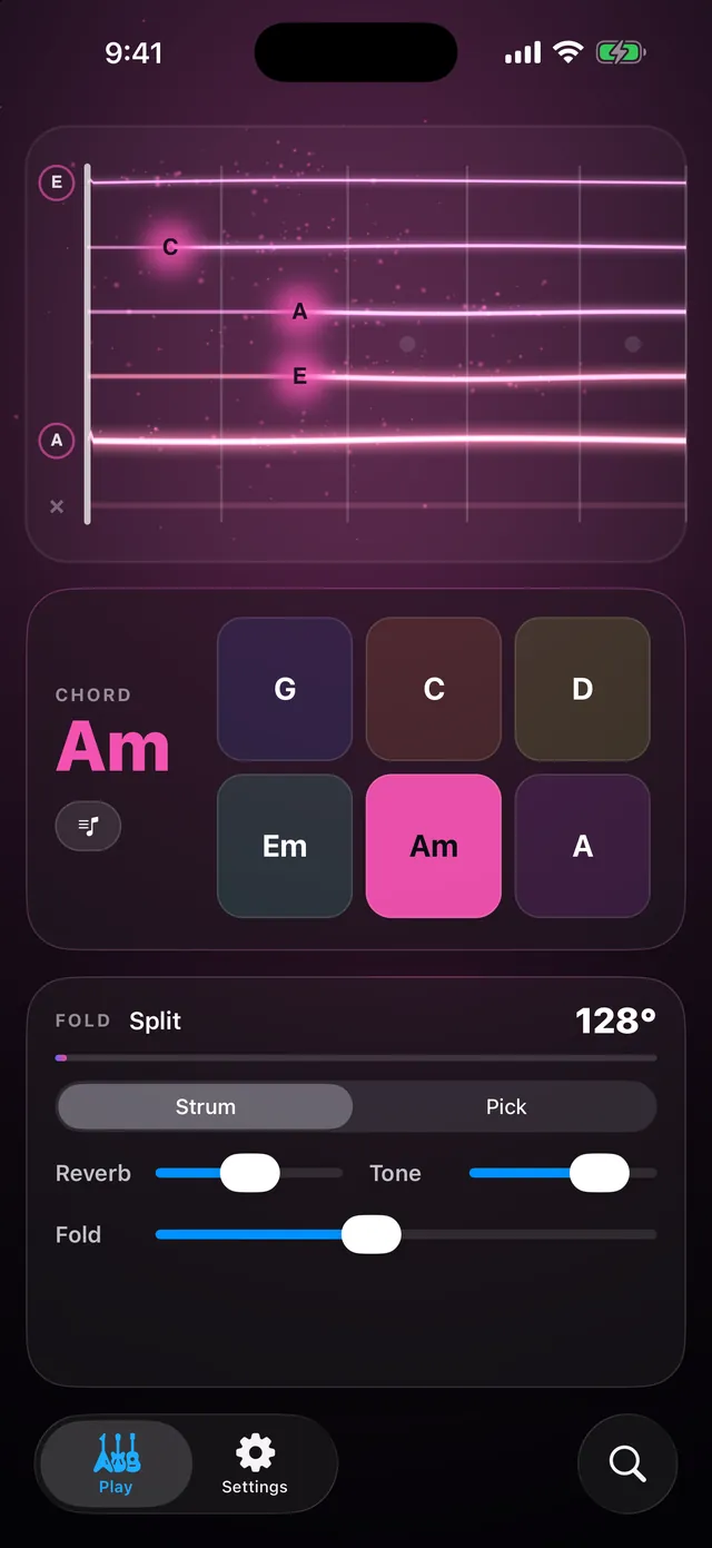 An A minor chord ringing on the fretboard, its strings glowing pink