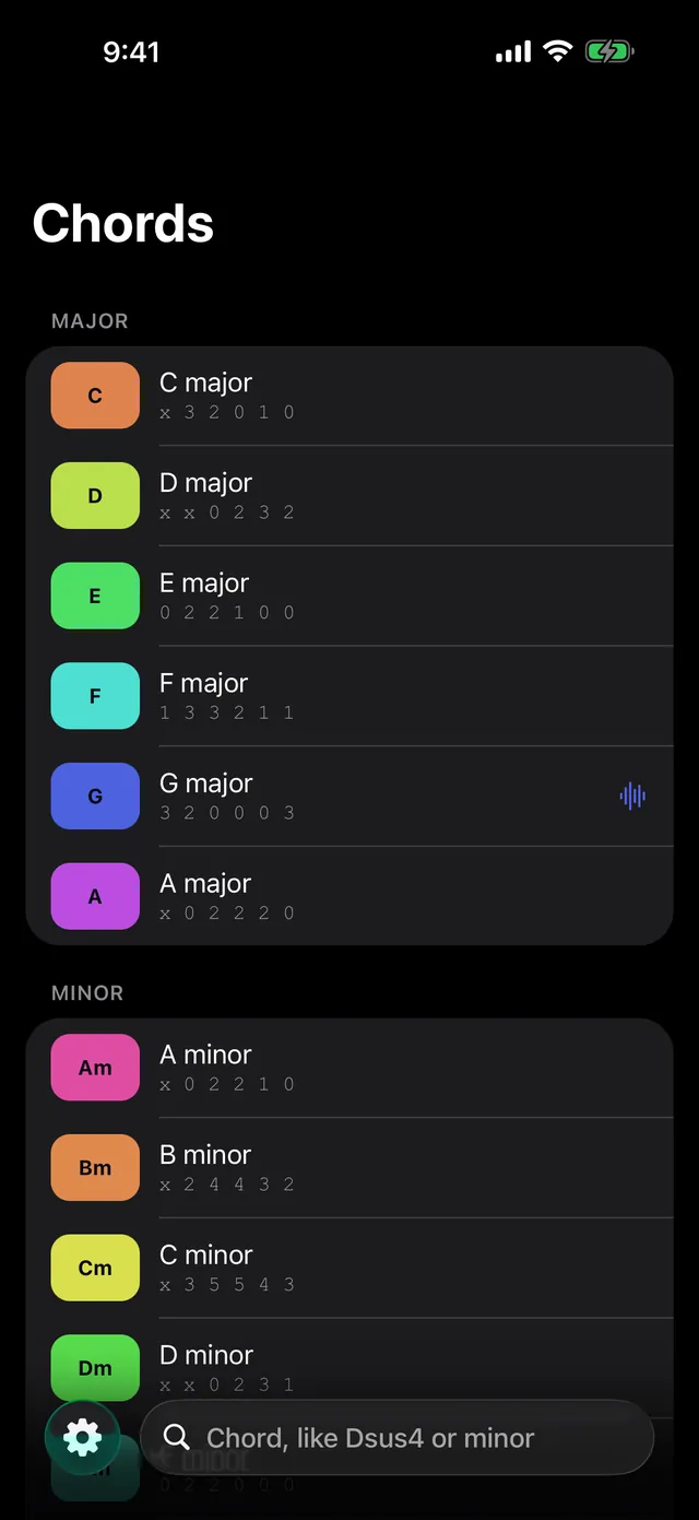 Chord search listing major and minor chords with their fingerings