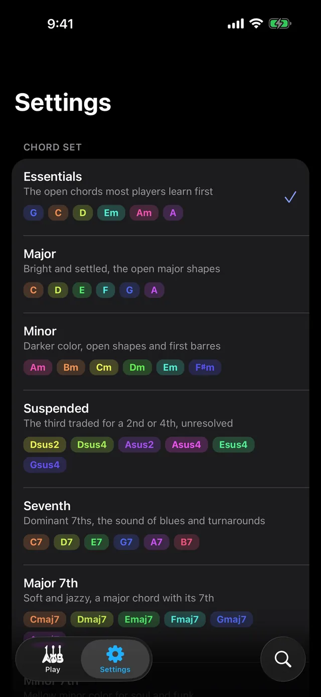 The chord set picker listing Essentials, Major, Minor, Suspended, Seventh and Major 7th