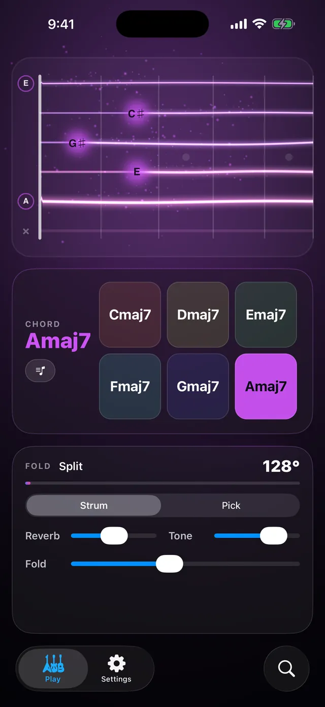An A major 7th chord on a fretboard drawn like guitar tab